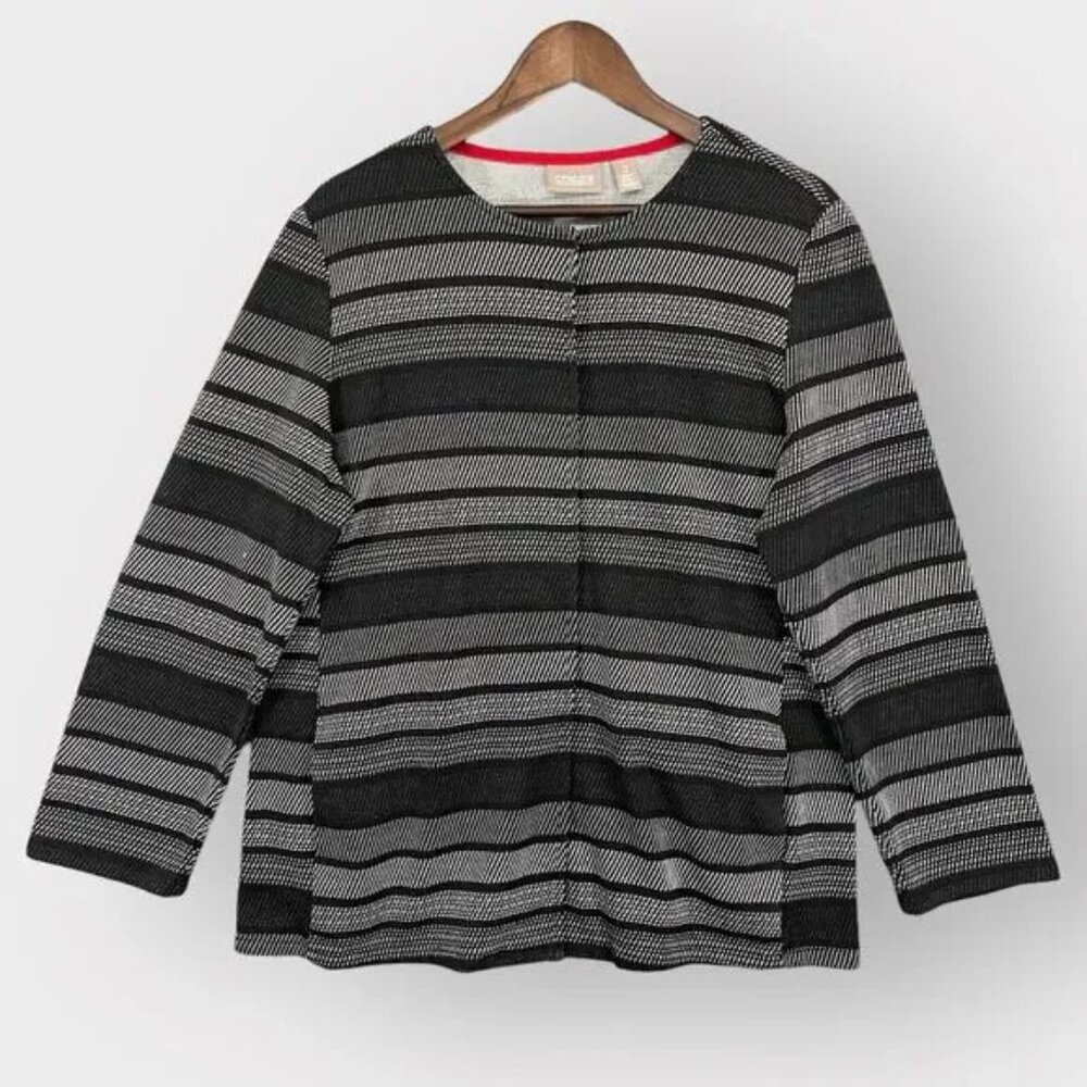 Chico's Striped Jacket Women Size L (2) Black Hidden Snap Front Buttons Academia